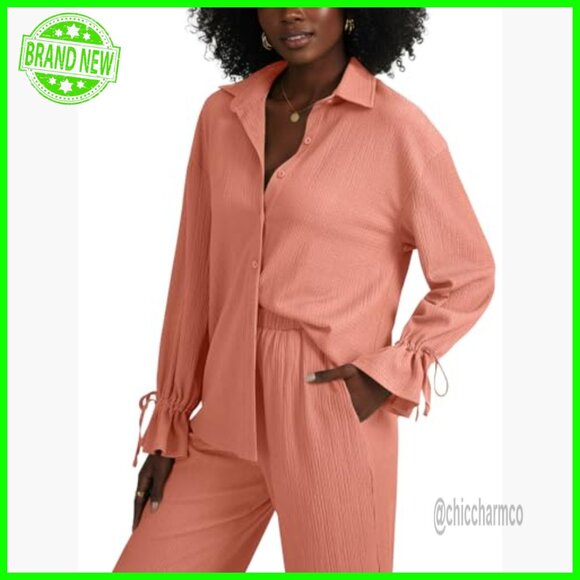 Long Sleeve Button Down Blouse & Wide Leg Pants Set, Medium - Picture 4 of 7